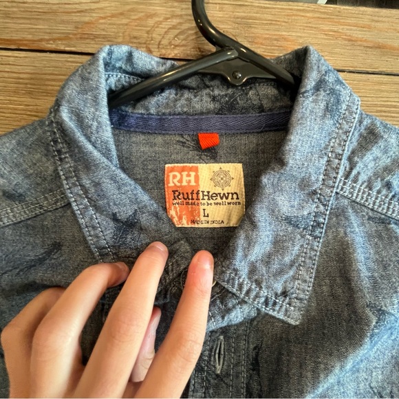 MENS RUFF HEWN DUCK PRINT CASUAL DENIM CHAMBRAY SHORT SLEEVE BUTTON UP SHIRT - Picture 10 of 13